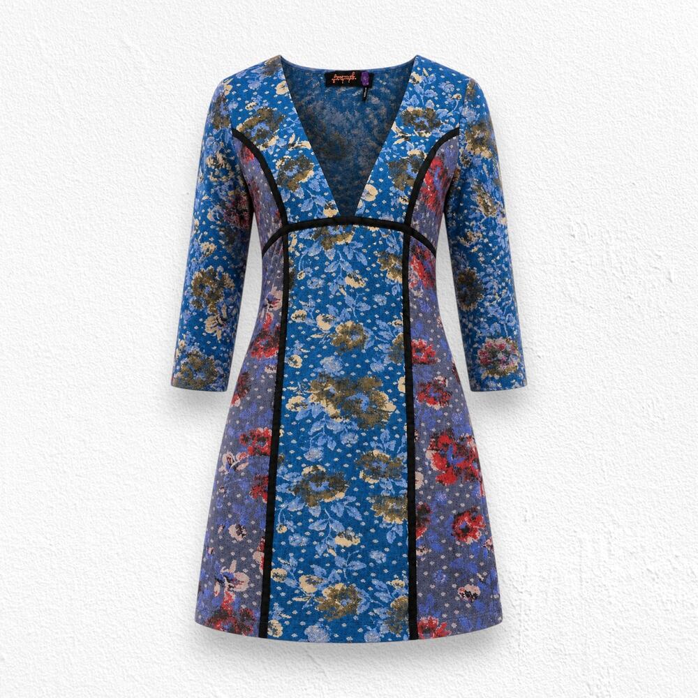 Free People Archive Floral Corset Seam Stretch Mini Dress Blue Size 10 Boho
